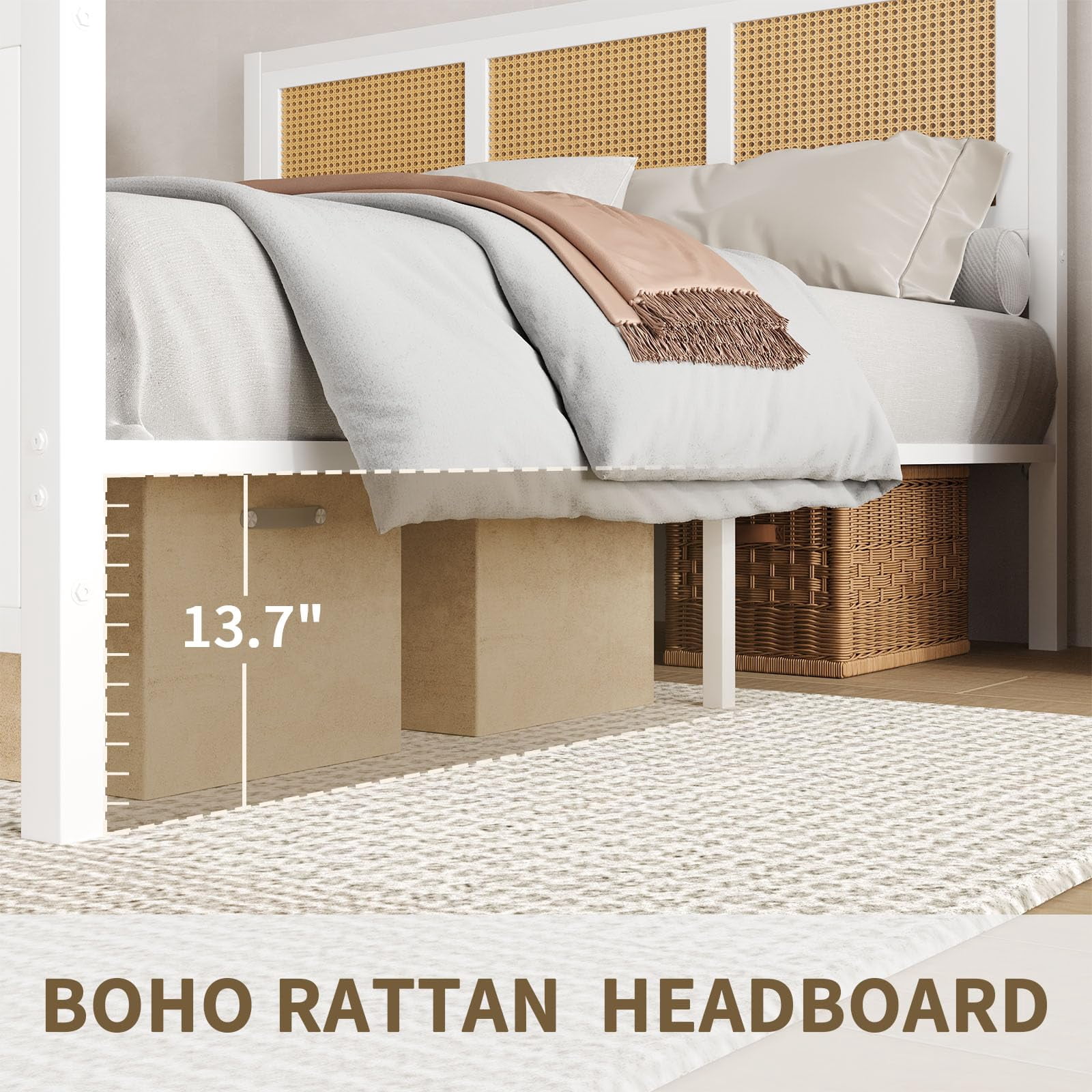 4 EVER WINNER King Bed Frame, Queen Size Bed Frame with Natural Rattan Headboard and Footboard, Rattan Bed Frame for Bedroom, No Box Spring Needed, White