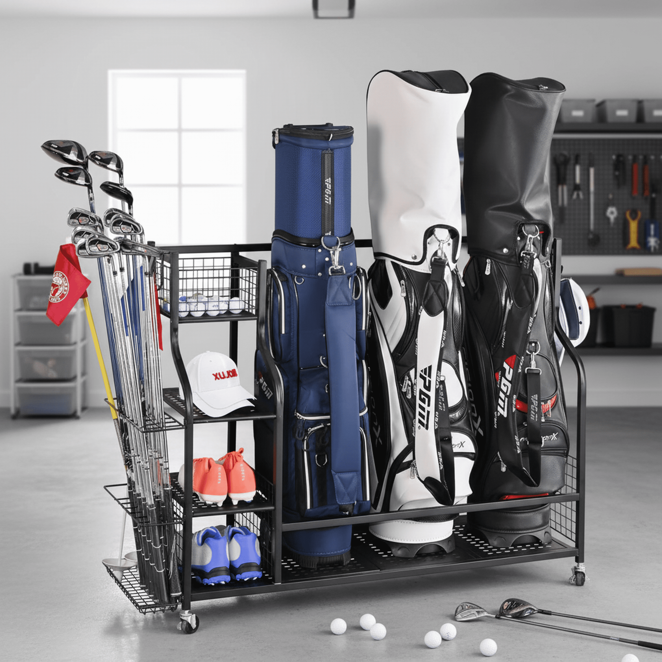 Dextrus Black Golf Bag Storage Rack with Wheels for 4 Bags, Garage