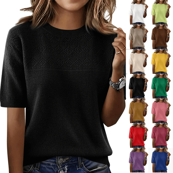 Short Sleeve Sweater Women Knit Lightweight Cozy Soft Crew Neck Shirts Work Business Casual Tops Black S
