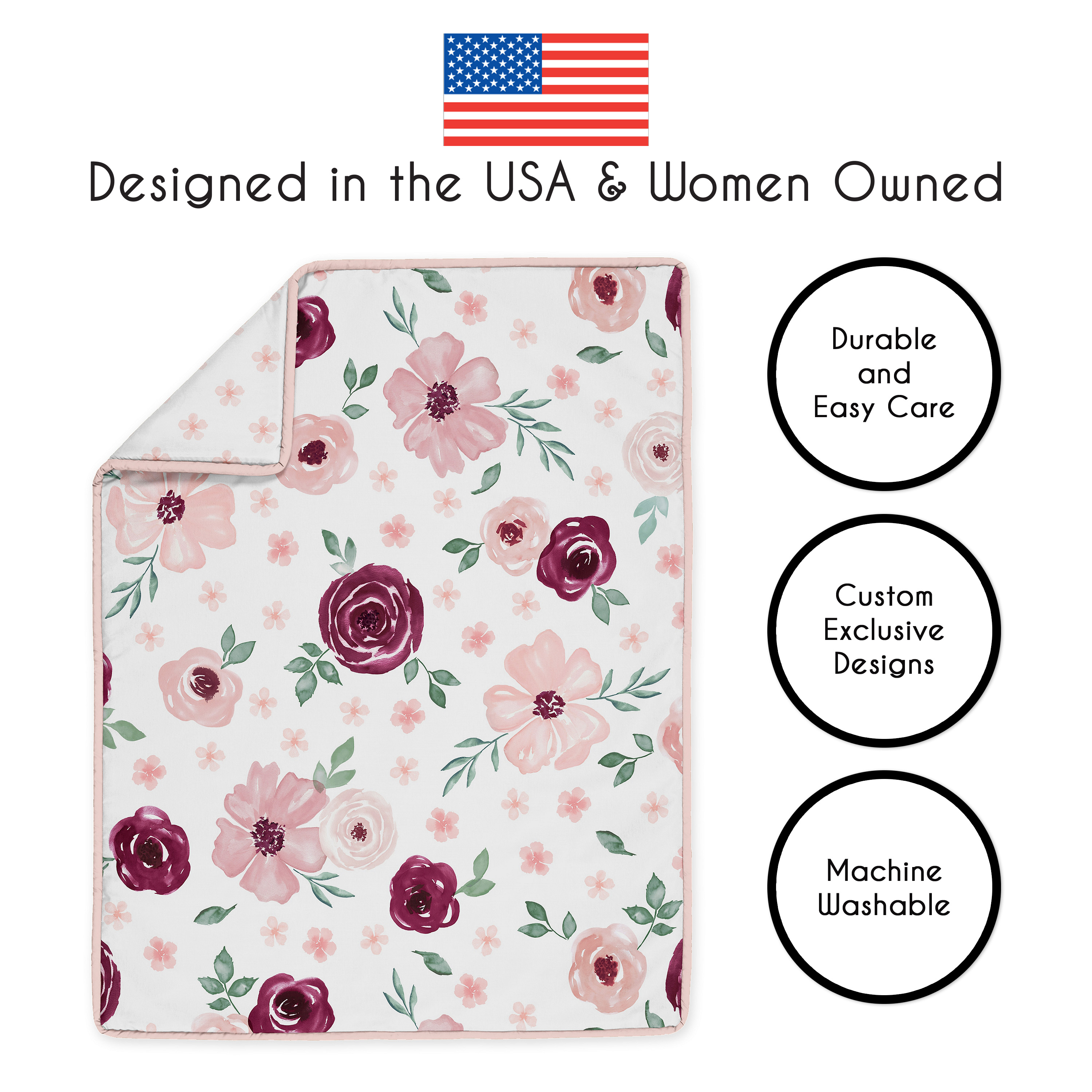 Sweet Jojo Designs Watercolor Floral Burgundy Wine and Pink Girl Crib Bedding + BreathableBaby Breathable Mesh Liner