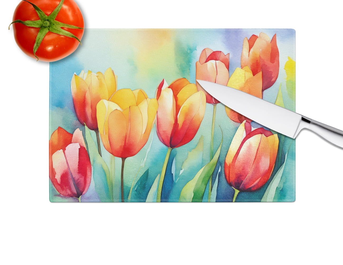 Tulips in Watercolor Glass Cutting Board Large 12 in x 15 in