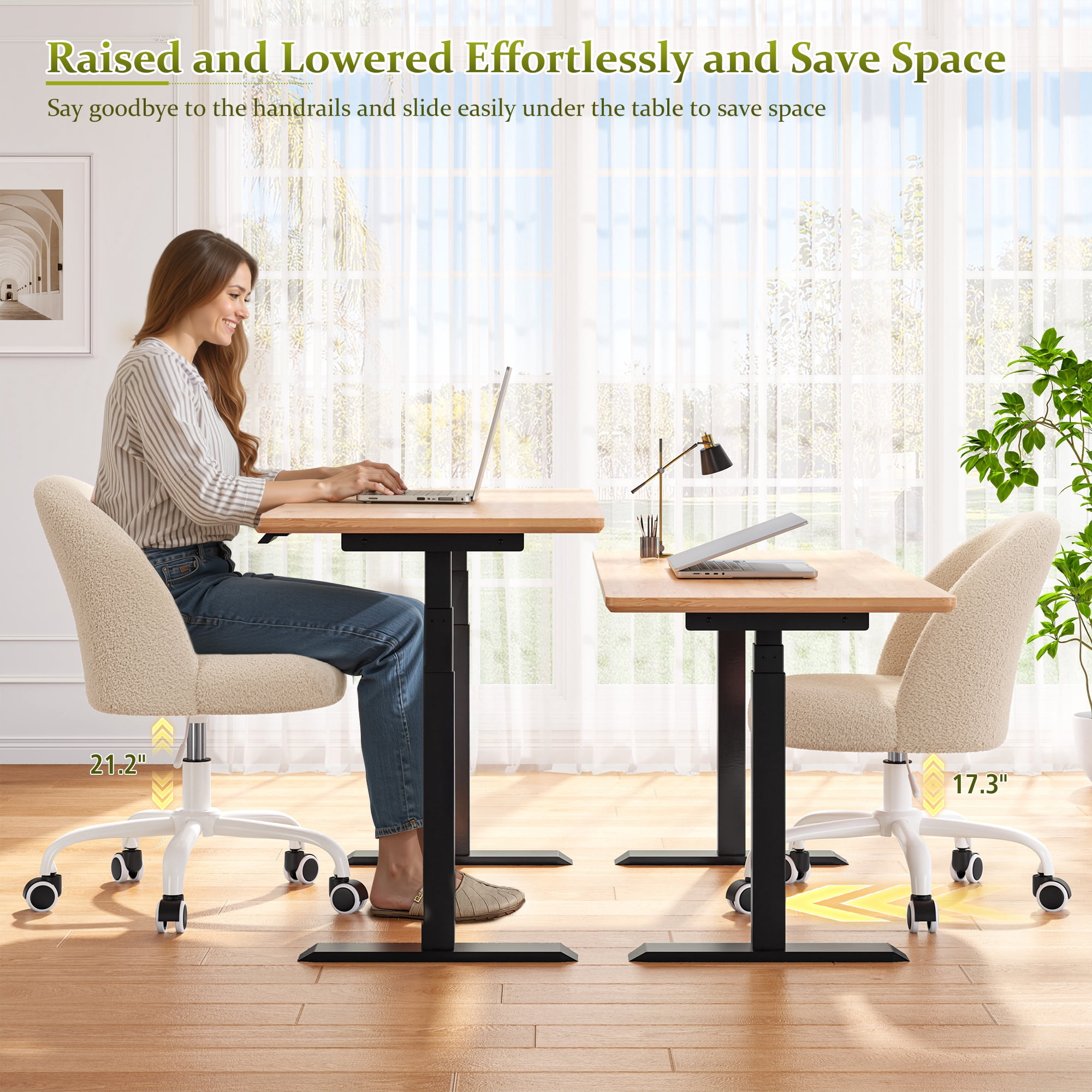 Romorgniz Vanity Chair Height Adjustable Desk Chair with Wheels, Armless Office Chair with Soft Lumbar Support for Small Space, Bedroom, Home office, Cream
