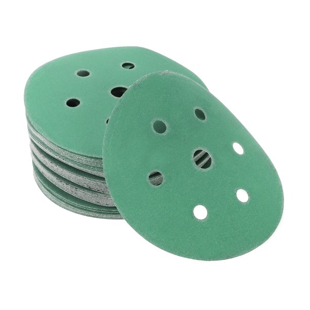 Unique Bargains 50 Pcs Discos de Lijado para Madera de Coche, Lijado Suave con Gancho y Bucle para Trabajos en Madera, Acabado Automotriz 5.91" 7 Agujeros 180 Grano Verde Alúmina de Circonio