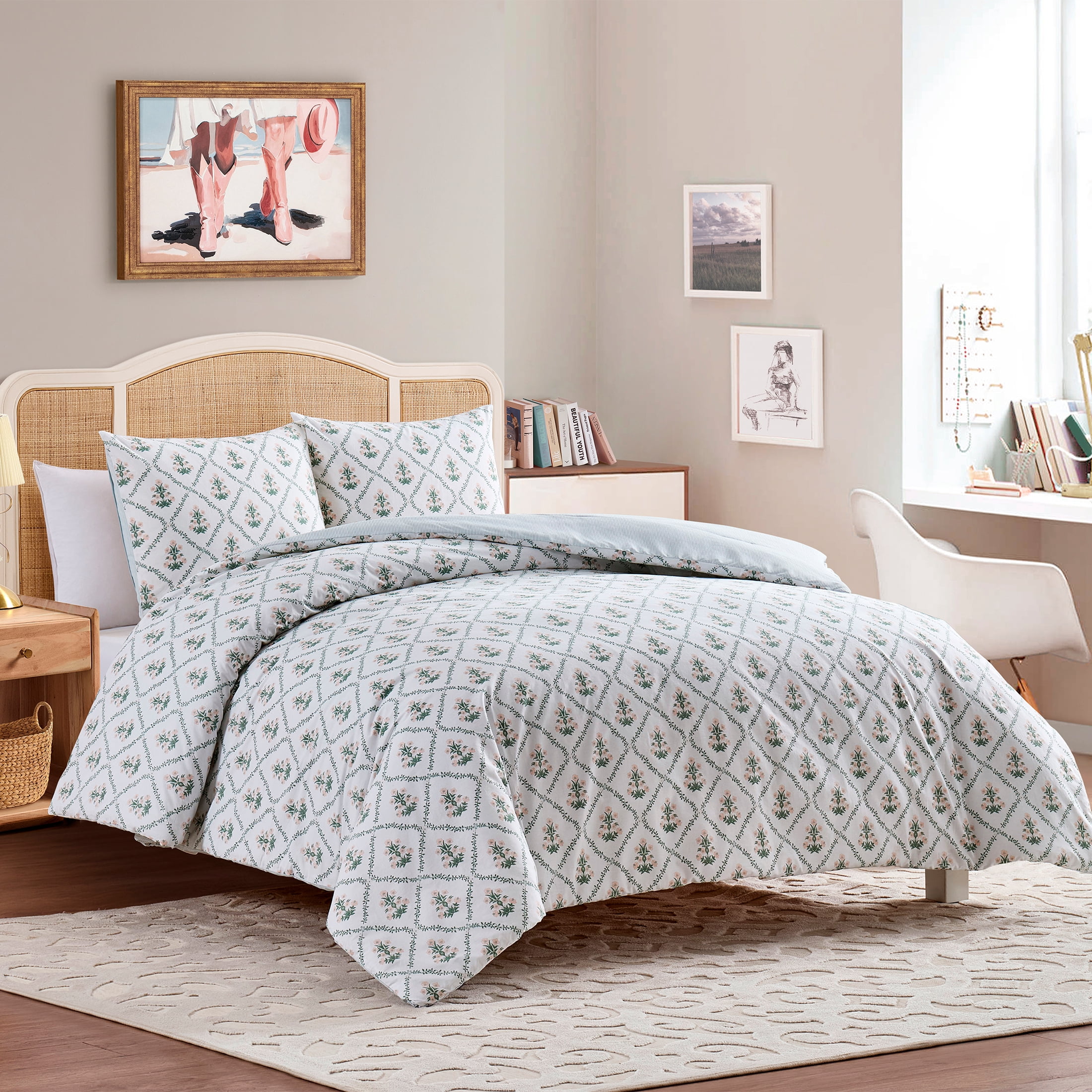 My Texas House Poppy Trellis 3-Piece Green/Pink Comforter Set, Full/Queen