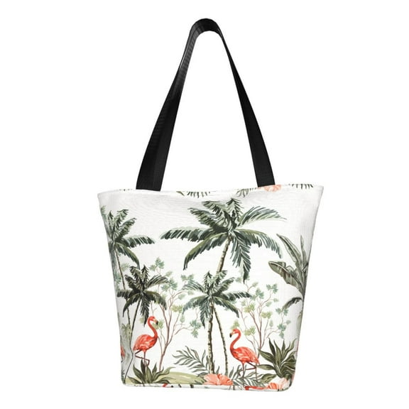 Lsque Flamingo Palm Trees Pattern Beach Tote,Shoulder Handbag,Spacious Tote Bag,Lightweight Travel Bag,Versatile Shopping Bag
