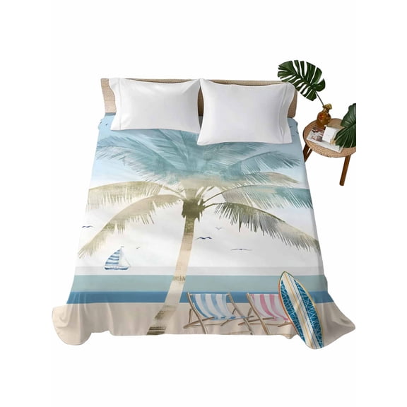 California King Flat Sheet 108"x98", Summer Beach Chair Soft Lightweight Bedding Flat Sheets Only, Coastal Palm Trees Canoeing Brushed Microfiber Top Bed Sheet, Breathable StainResistant Bedsheets