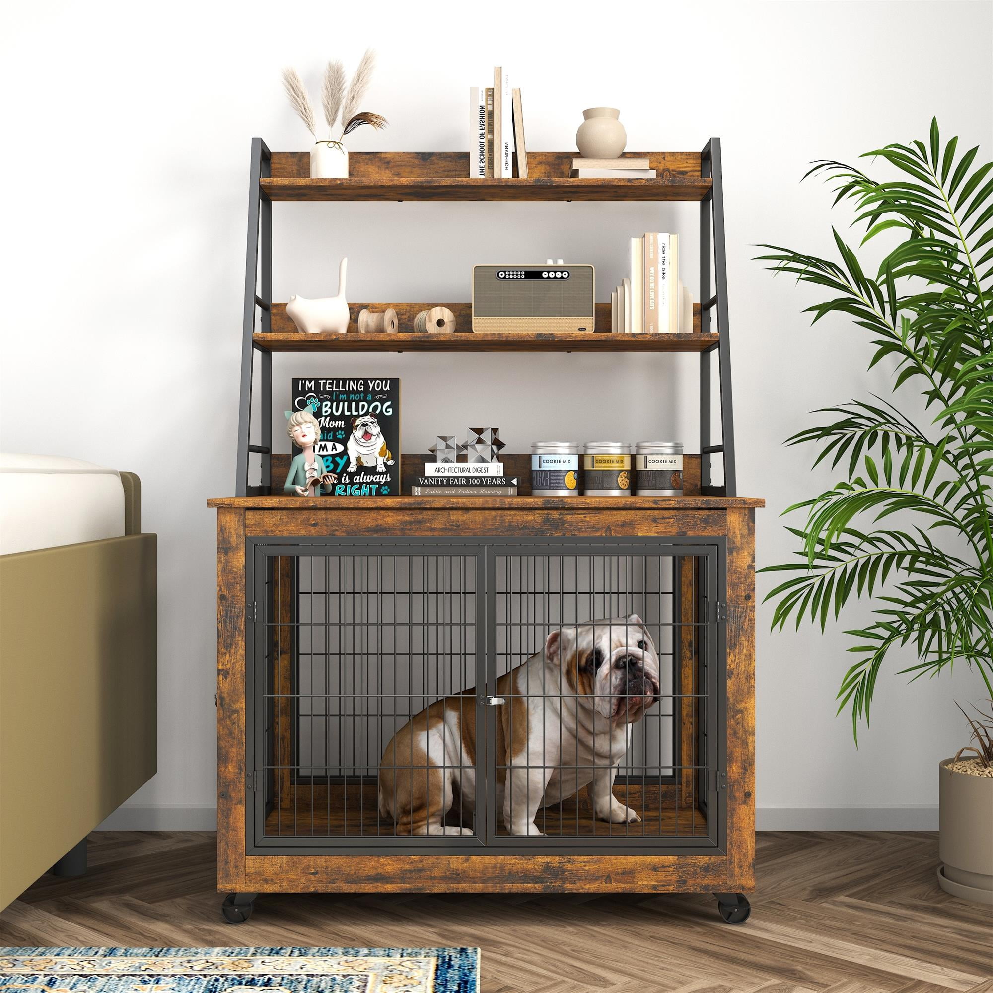 Pefilos 57" Wooden Dog Crate Furniture for Small Dog, Heavy Duty 3 Doors Dog Kennel, Indoor Dog Cage with 3-Layer Storage Shelf, Brown Pefilos 57" Wooden Dog Crate Furniture for Small Dog, Heavy Duty 3 Doors Dog Kennel, Indoor Dog Cage with 3-Layer Storage Shelf, Brown
