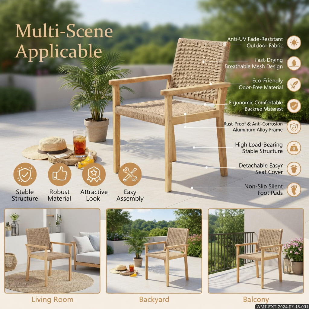 Hommoo Rubber Wood Dining Chairs Set of 2, Indoor & Outdoor Woven Paper Rope Chairs, Ideal for Patio, Balcony, Living Room & Kitchen, Natural