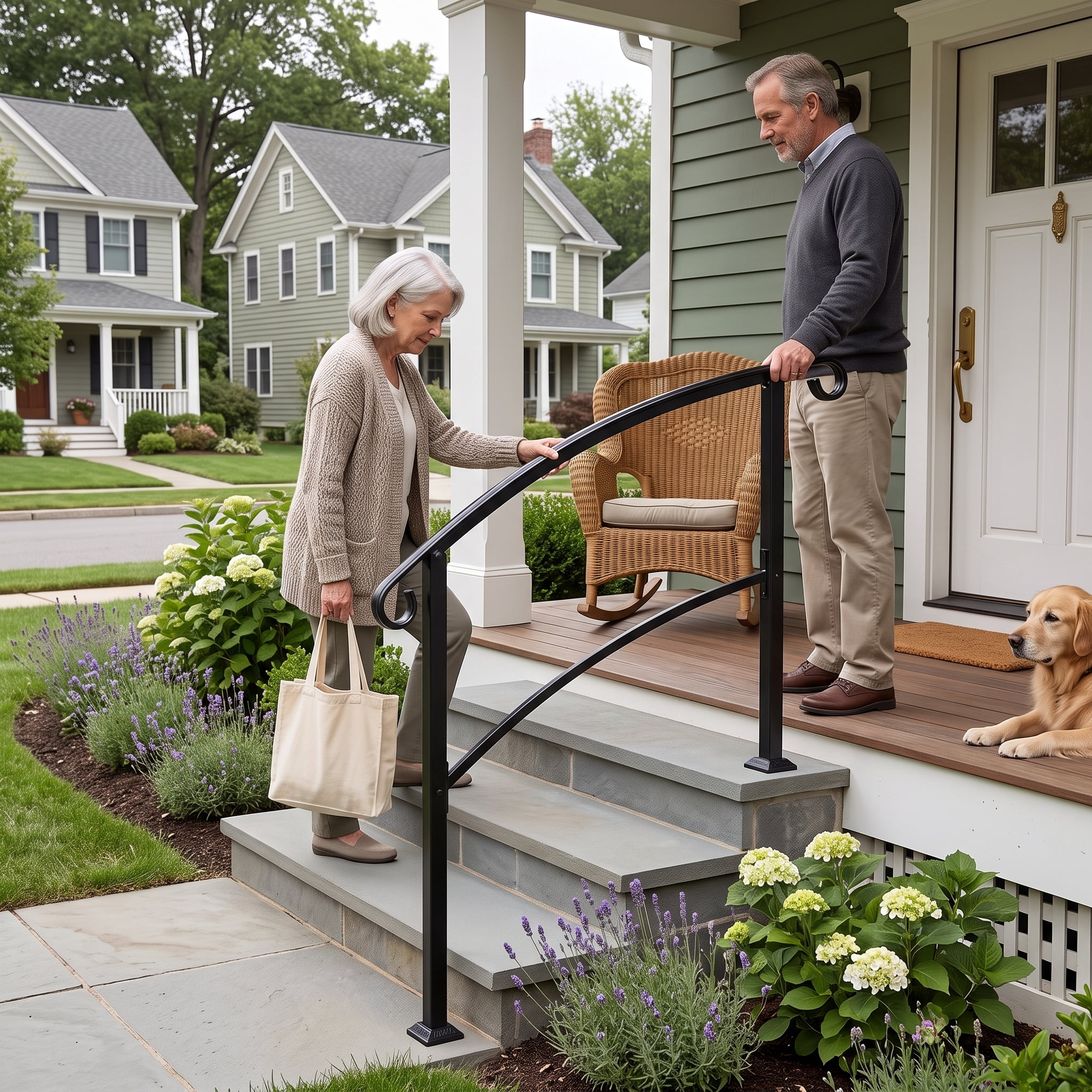 Wrought Iron Handrail, 1-3 Step Adjustable, Non-Slip Design, Powder Coated, Weather Resistant