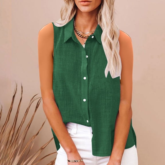 Plus Size Tank Tops for Women Sleeveless Lapel Tank Loose Solid Blouse T-shirt Green XXXL