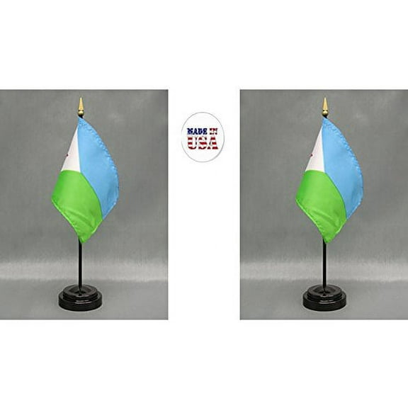 Made in The USA. 2 Djibouti Rayon 4"x6" Miniature Office Desk & Little Hand Waving Table Flags Includes 2 Flag Stands & 2 Small Mini Djibouti Stick Flags