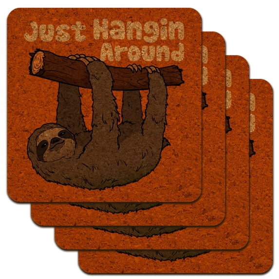 Sloth Just Hanging Around Low Profile Novelty Cork Coaster Set