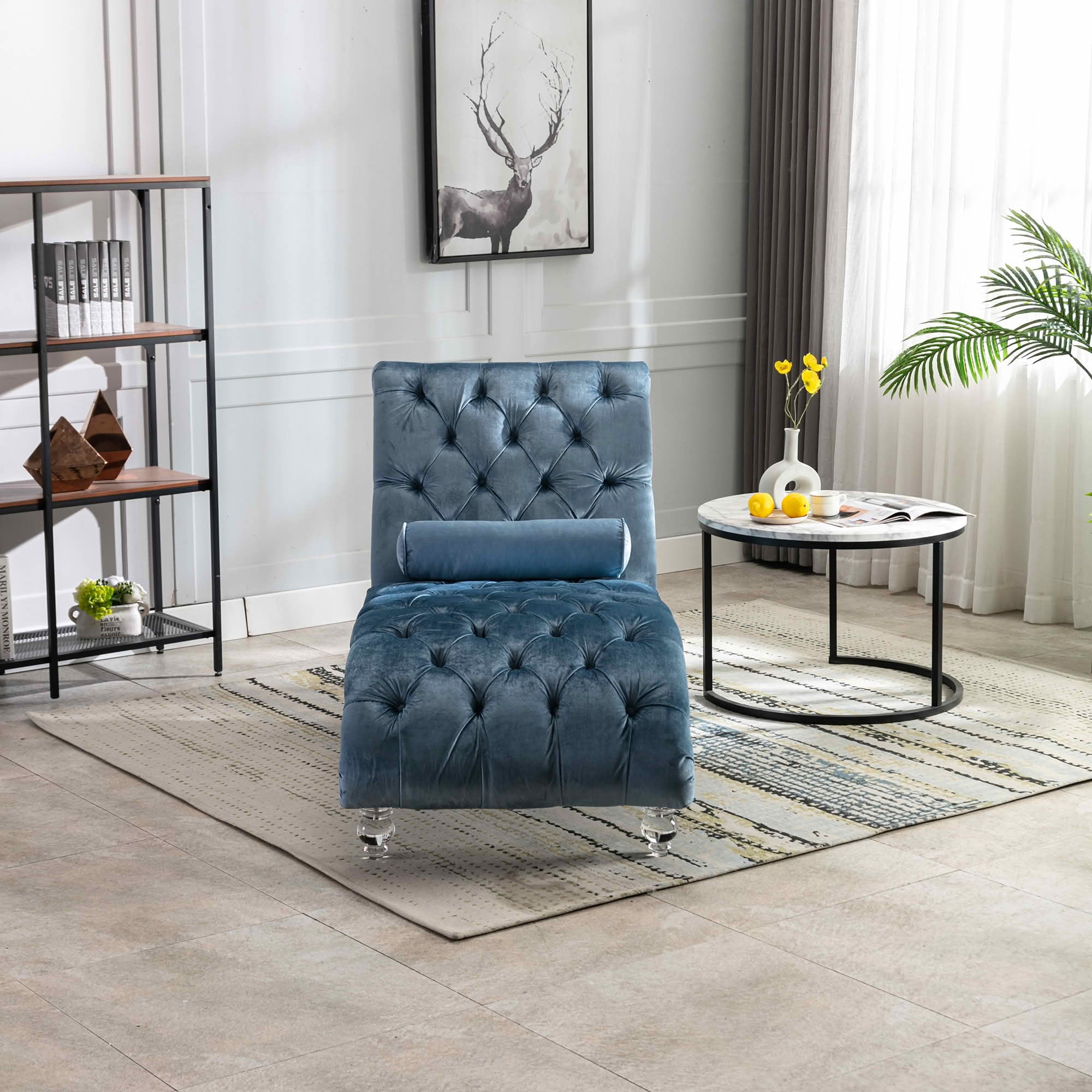 MAYEERTY Velvet Button Tufted Chaise Lounge with Pillow, Ergonomic S-Shape Indoor Lounge Chair with Wood Frame Acrylic Legs for Bedroom Living Room Office