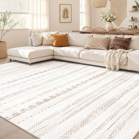 9 ft x 12 ft Machine Washable Boho Area Rug in Beige Brown