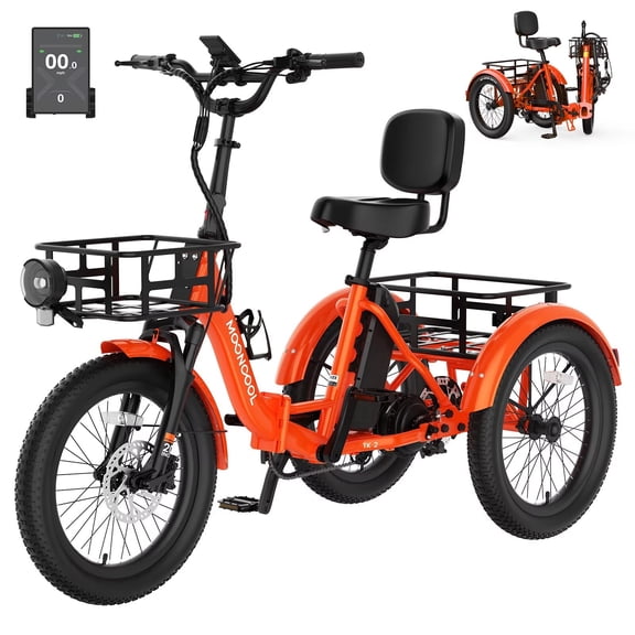 MOONCOOL TK2 Adult Electric Tricycle with Reverse, 48V 15Ah Removable Battery, Peak 1000W Motor, 20x3.0" Fat Tire, 60-Mile Range, 15.5 MPH
