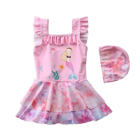 

Toddler Girls Swimsuit One Piece Cute Mermaid Dress Ruffled Swimwear Bathing Suit with Swim Cap 2-9 Years