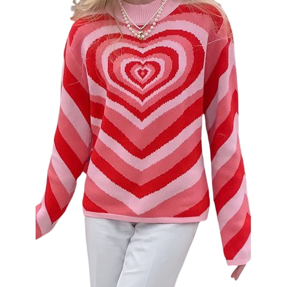 Gupgi Women Love Heart Print Sweater, Long Sleeve O-neck Knitted Pullover