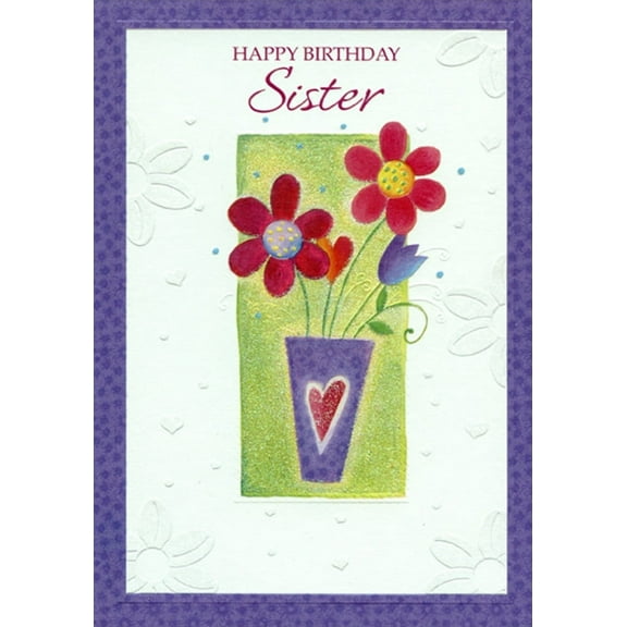 Designer Greetings Two Red and One Purple Flower in Purple Vase with Red Heart Birthday Card for Sister