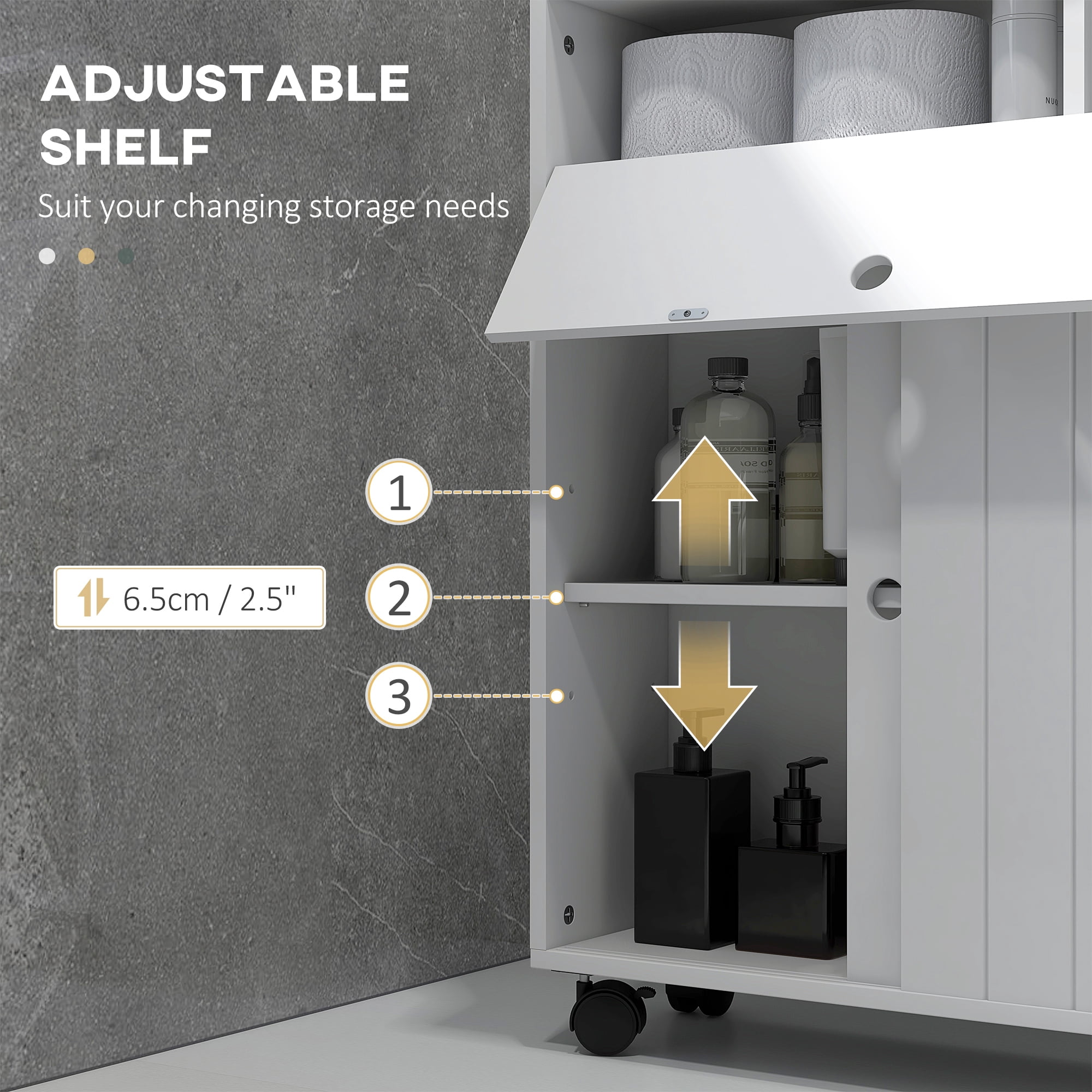 kleankin Small Bathroom Storage Cabinet on Wheels, Slim Toilet Paper Cabinet with 2 Holes, Sliding Doors and Adjustable Shelf, White