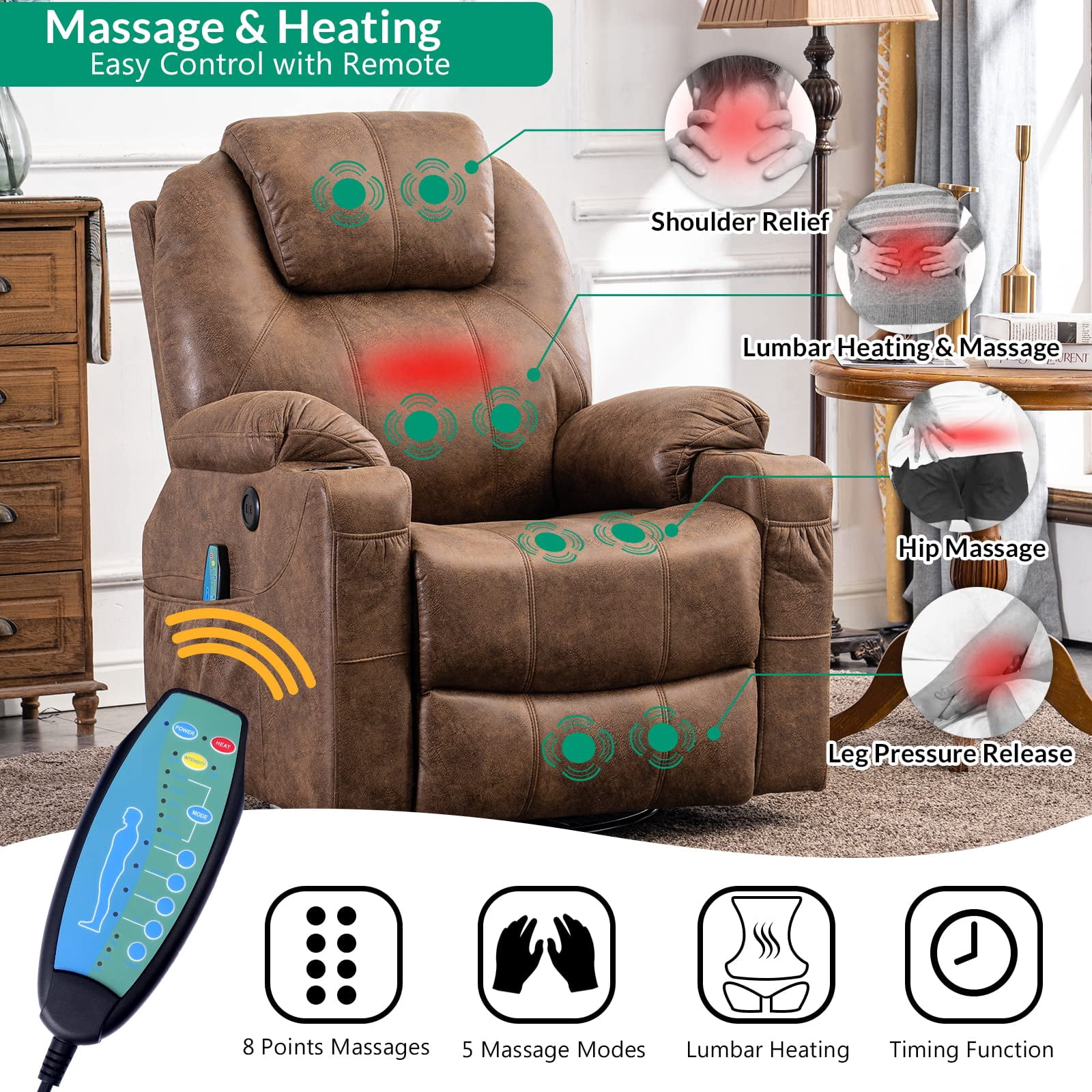VIVIJASON Manual Massage Rocker Recliner Chair, 360° Swivel Glider Lounge Chair with Heat Ergonomic Home Theater Recliner Sofa with 2 Cup Holders, Side Pockets & USB Ports for Living Room, Brown
