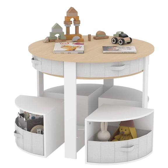 Space-Saving Kids Round Table and Chair Set – 5-Piece Wooden Activity Desk with 4 Storage Stools, Fabric Drawers – for Play, Art, Craft, Reading – Perfect for Playrooms – White Yellow