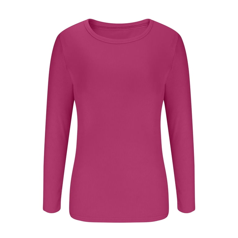 Ribbed Knit Long Sleeve Tops for Women Scoop Neck Slim Fitted Casual Solid  Lightweight Thermal Underwear Shirt (Medium, Hot Pink O-neck)