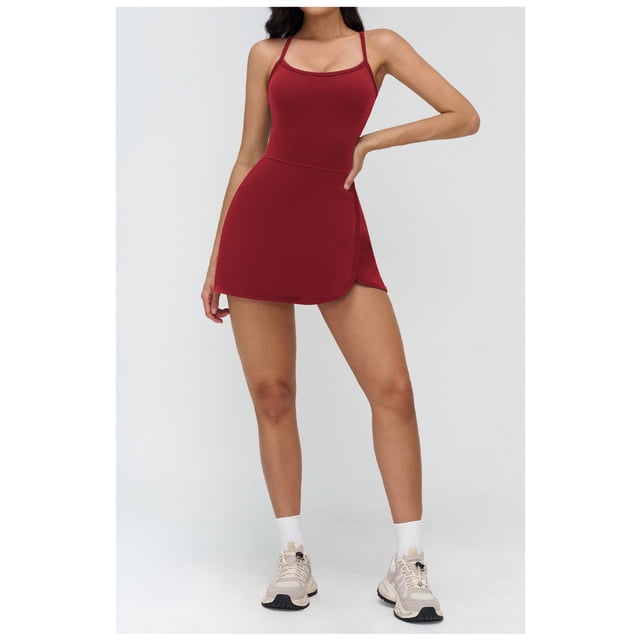 PISONIC Robe de Tennis et de Golf pour Femmes avec Soutien-Gorge Intégré, Short, Dos Nu, Ligne A, Ourlet Tulipe, Robes Athlétiques