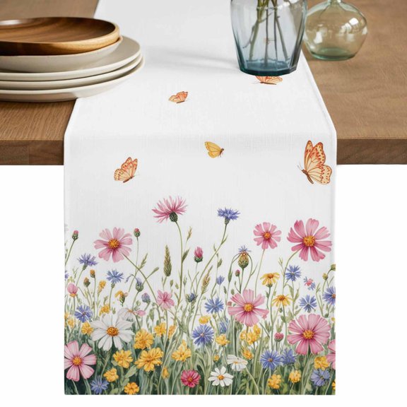 Table Runner 72 Inches Long for Kitchen Dining, Wild Flowers Dresser Scarf Farmhouse, Dining Table Decorations for Wedding/Parties, Spring Butterfly Watercolor Country Floral 14 x 72 In