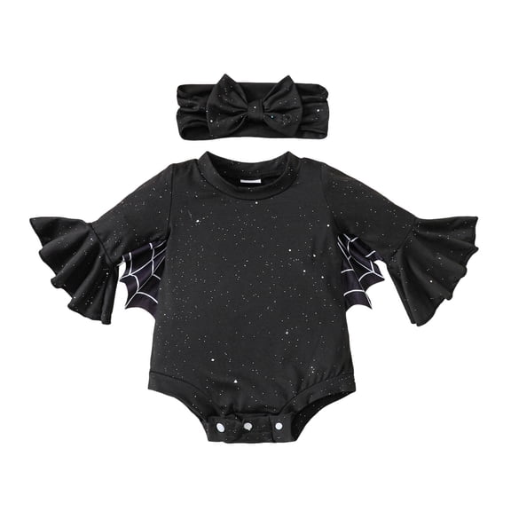 Vdoaml Baby Girl 2Pcs Halloween Long Sleeved Bodysuit Bow Headband Set Infant Fall Spider Wing Romper 12-18 Months Black