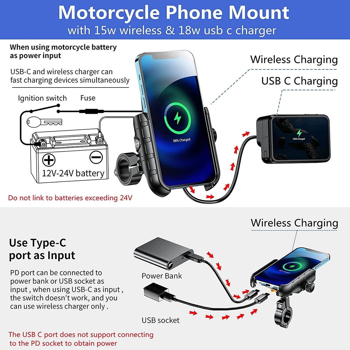 Motorcycle Wireless & USB C Charger Fast Charging Phone Holder Handlebar Mount
