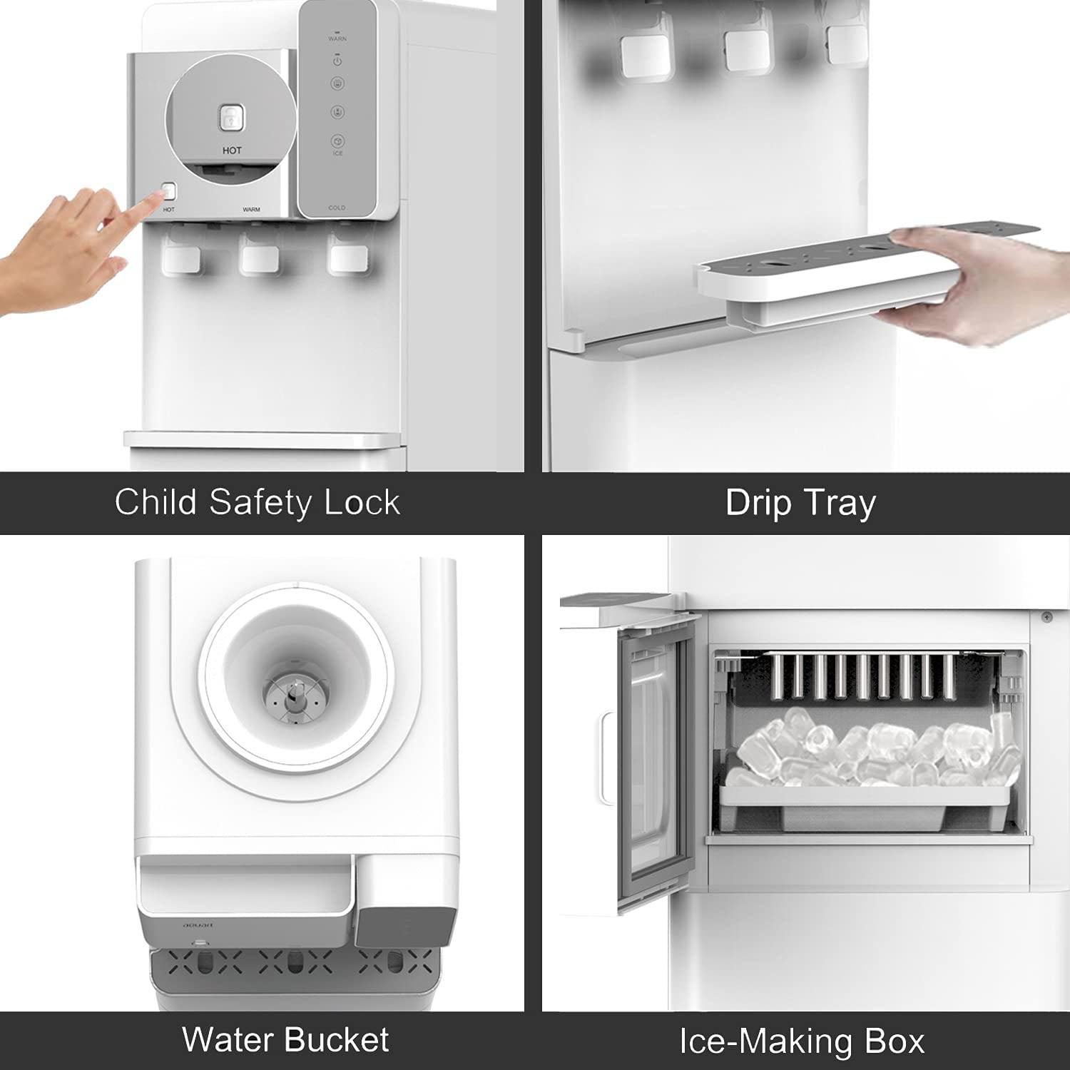 SOOPYK Top Load Water Dispenser Built-in Ice Maker for 3 or 5 Gallon 3 Temperature Setting 27 lbs Daily Capacity Night Light Child Safety Lock White