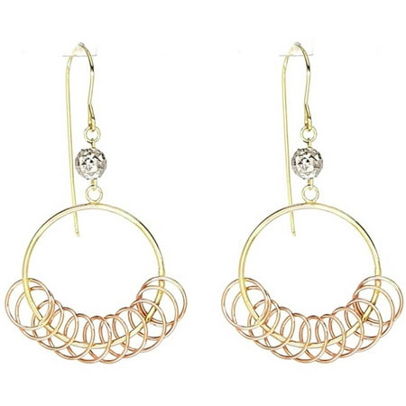 American Designs 14kt Yellow, Rose and White Gold Tri-Color Diamond-Cut Swirly Coil Round Hoop Bead/Ball Dangle and Drop Earrings, French Wire