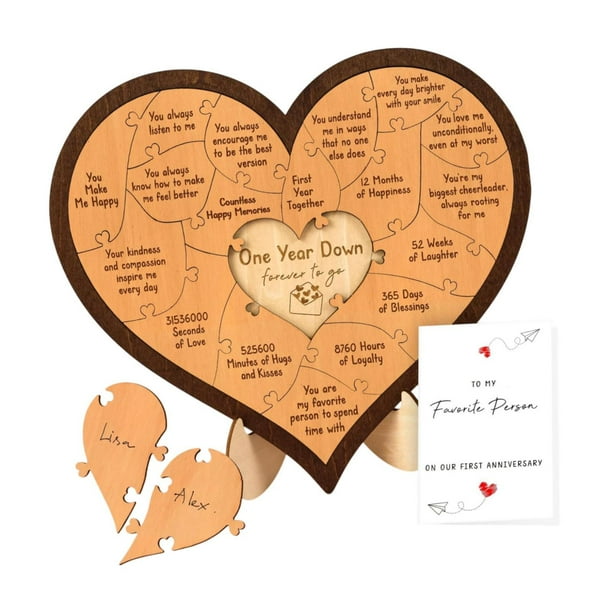 Placa de regalo de aniversario, artesanías de madera, decoración del hogar, rompecabezas de corazón de madera de escritorio para él, hombres, mujeres, 1er aniversario