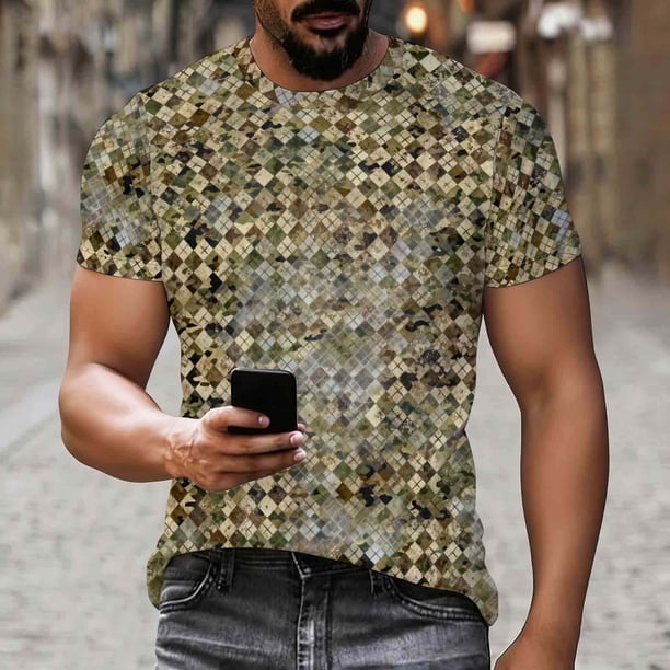 Ceisia Men's Argyle Texture Camouflage Print Crew Neck T-Shirts, Stretchy Breathable Casual Short Sleeve Tops Gifts