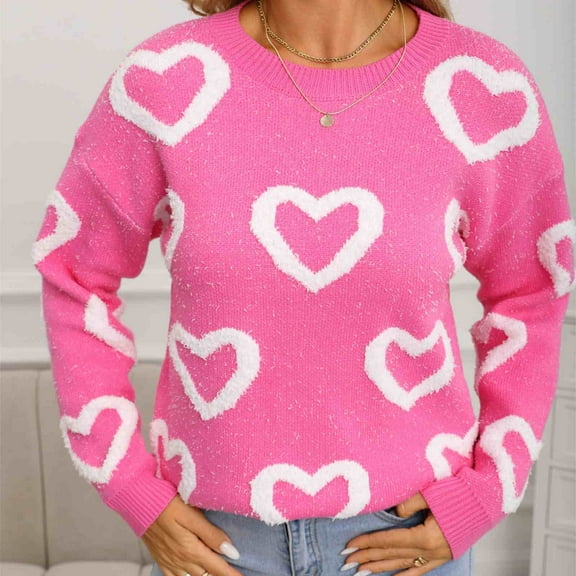 GUZOM Sweaters Womens Hot Pink Heart Sweater - Soft Warm Acrylic, Loose Crew Neck, Cute Style - Perfect for Valentine's Day Fall Winter Daily Wear,Size L