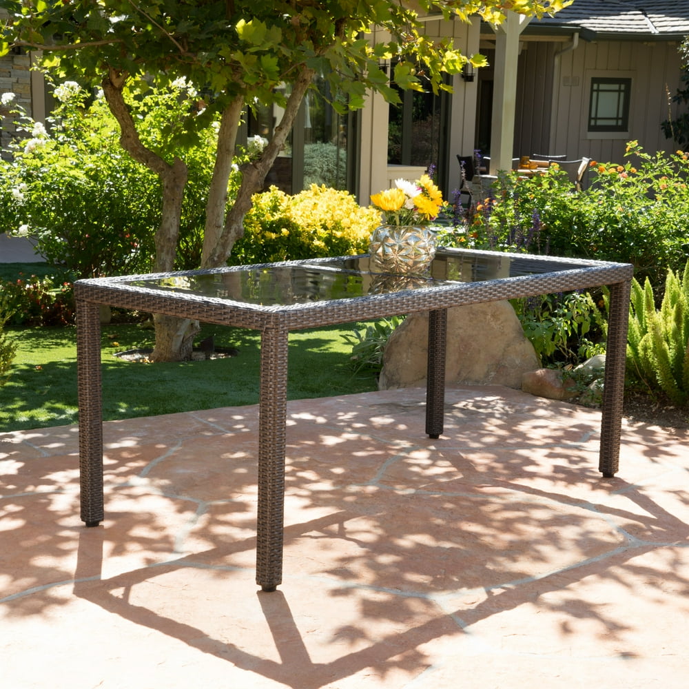 San Simeon Outdoor Wicker Rectangular Dining Table with Tempered Glass