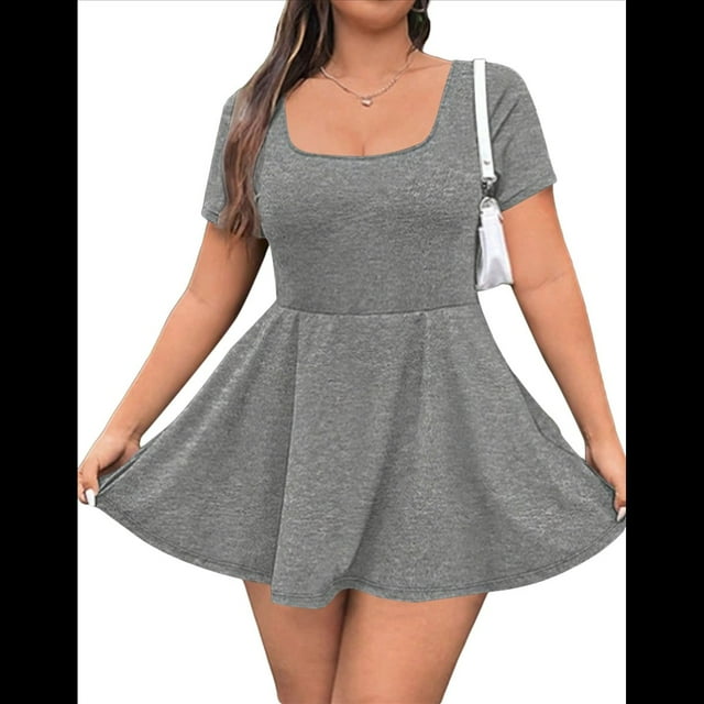 Robe Courte pour Femme à Encolure Carrée, Manches Courtes, Ourlet à Volants, avec Short Intégré, Gris, TG