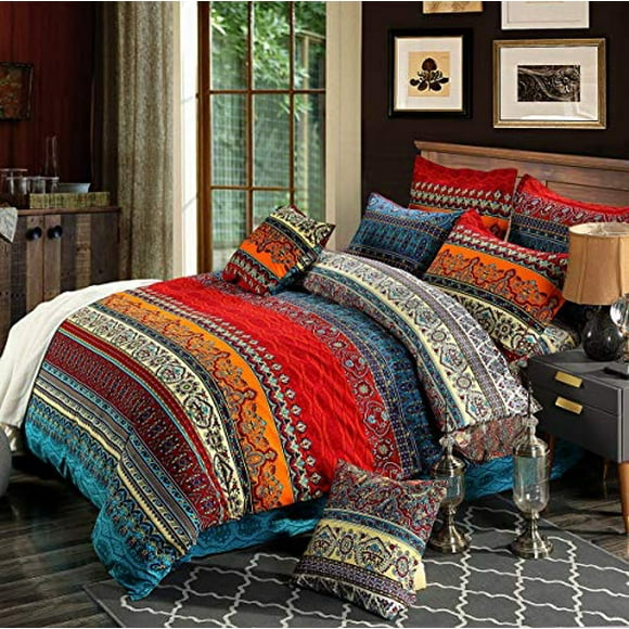 HNNSI Bohemia Exotic Striped Bedding Sets Queen Size 4 Pieces, Brushed Cotton Boho Duvet Comforter Cover with Flat Sheet,No Comforter (Flat Sheet Sets, Queen)