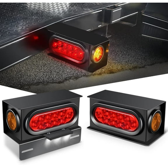 Nilight 2PCS Steel Trailer Light Boxes Housing Kit w/ 6Inch Oval Red Tail Lights 2 Inch Round Amber Side Marker 3LED License Plate Lighting w/Grommet Plugs