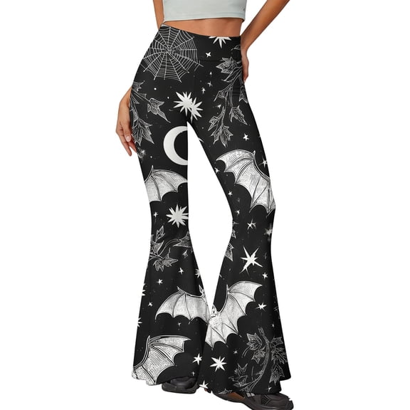 Leidass Women's Halloween Flare Leggings Black Cat Pumpkin Print High Waist Buttery Soft Bell Bottom Yoga Pants Black L