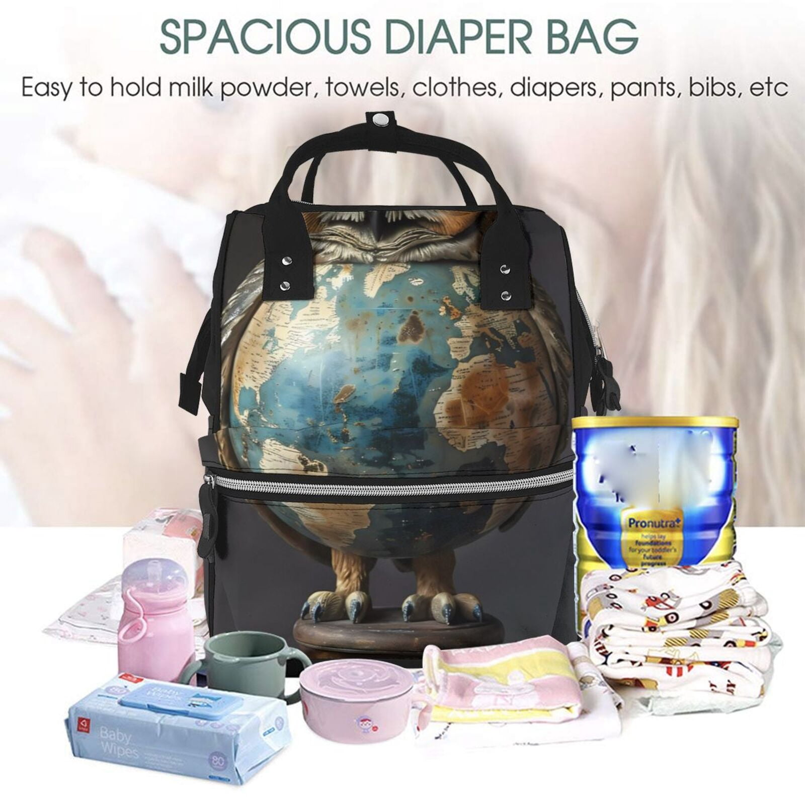 Fuzoiu Owl Globe Sculpture Print Diaper Bag Backpack,Baby Essentials Travel Tote,Multi function Waterproof Diaper Bag, Travel Essentials Baby Bag - Unisex