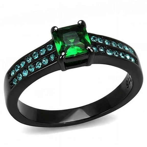 Alamode TK3064-6 Women IP Black Stainless Steel Ring with Synthetic in Emerald - Size 6