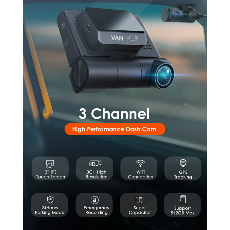 Vantrue S2 3 Channel 2K Front+1080P Interior +1080P Rear 30FPS WiFi Dash Cam,  3 inch Touchable IPS Screen Car Camera with Nearly 360° Wide Angle, GPS  built in, 24h Parking Monitor, Supercapacitor 
