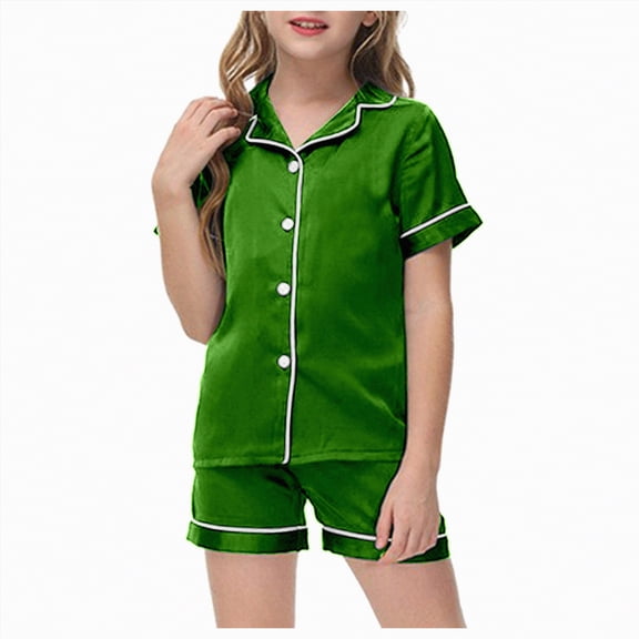 Gubotare Toddler Pajamas for Girls Summer Girls Satin Pajamas Summer Short Sleeve Button Down Nighty PJS 2PCS Sleepwear Set Size 6-7 (Green,6-7 Years)