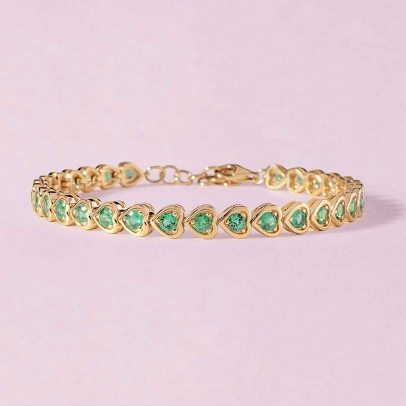 Emerald Tennis Bracelet,14K Gold Plated over sterling silver Emerald Bracelet,heart Emerald Tennis Bracelet, Emerald Layering Bracelet For Women Gift