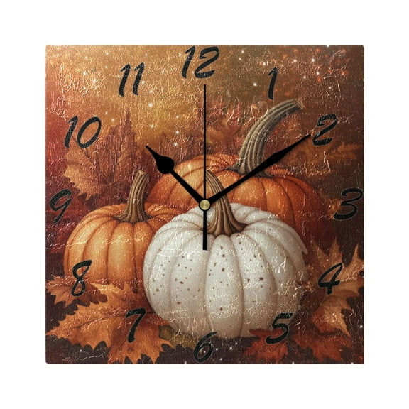 Square Wall Clock Silent Non-Ticking Battery Operated Retro 7.78" Clock for Bedroom Living Room Decor Three Pumpkins and Leaves