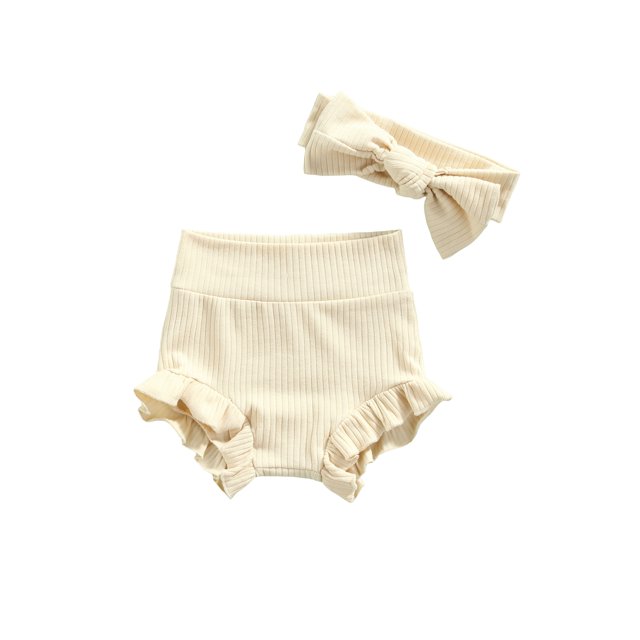 Xingqing Infant Baby Girls Bloomers Diaper Cover High Waist Elastic Ruffle Shorts Solid Color Underwear Headbands Set