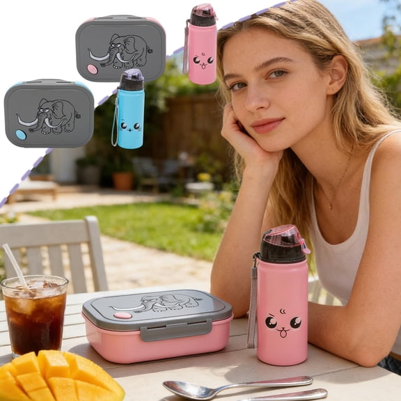 FEOLGEHLY Cute Lunch Box & Water Bottle Set – 4 Compartment Bento Box Leakproof Microwave Safe, Non Toxic Odorless 42 OZ, Portable for Picnics, Travel, and Outdoors Activities (Blue)