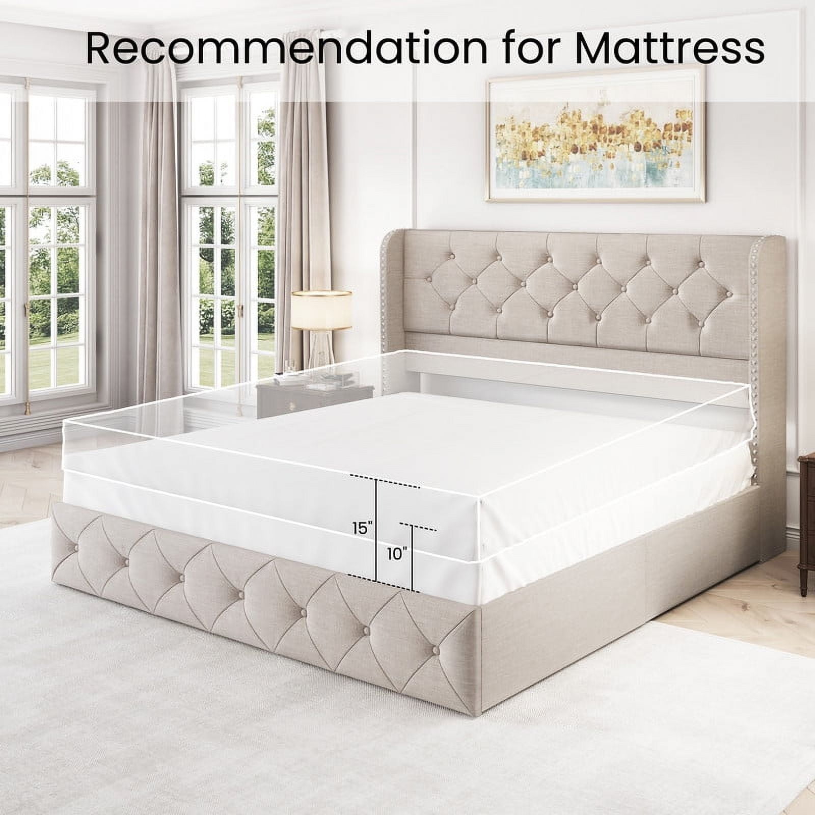 Breltam Queen Size Bed Frame with 4 Storage Drawers, Wingback Tufted Headboard, LED Lights, Beige Velvet Upholstered Platform Bed, No Box Spring Needed