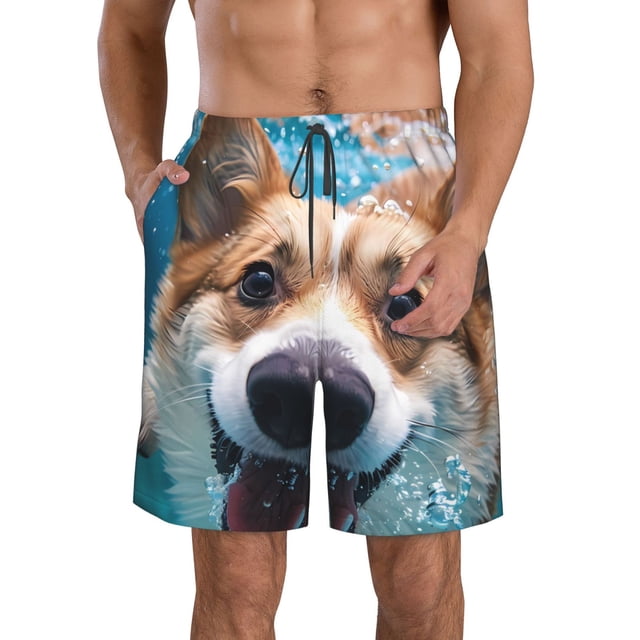 Fotbe Sea Swimming Corgi Trajes de Baño Estampados para Hombre, Shorts de Verano de Secado Rápido, Ropa de Playa, Bañadores-Medium